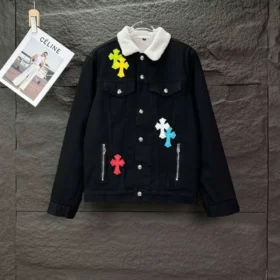 Chrome Hearts Denim Jacket with White Collar & Cross Patches
