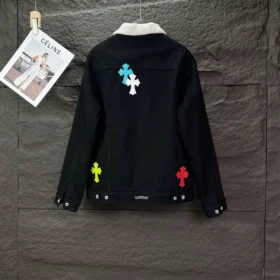 Chrome Hearts Denim Jacket with White Collar & Cross Patches