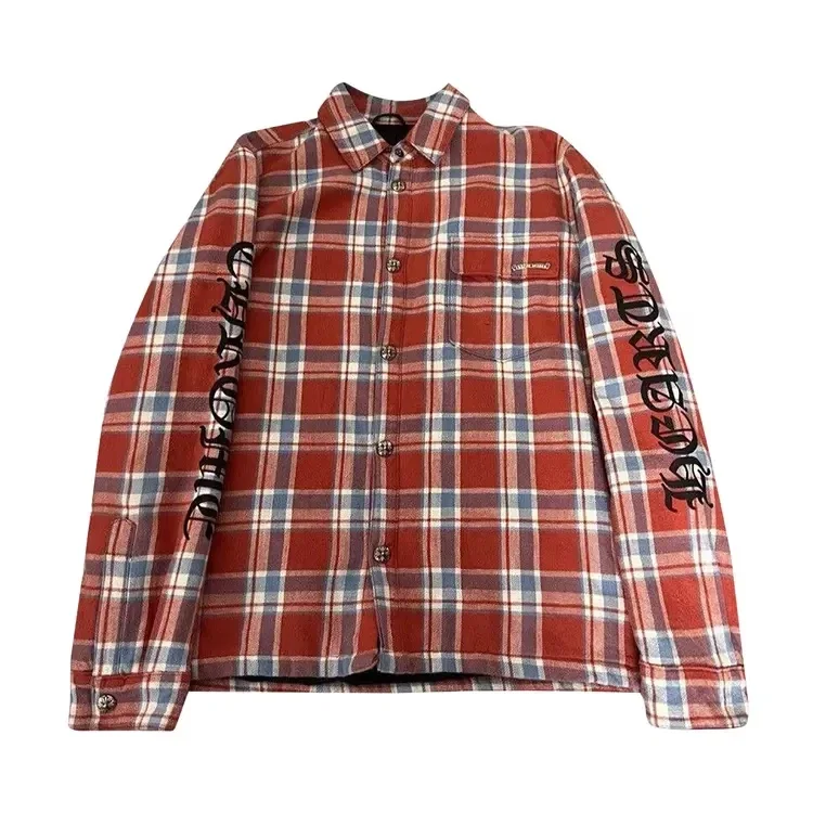 Chrome Hearts Red Lined Plaid Checkered Flannel Shirt Chrome Hearts Red Lined Plaid Checkered Flannel Shirt