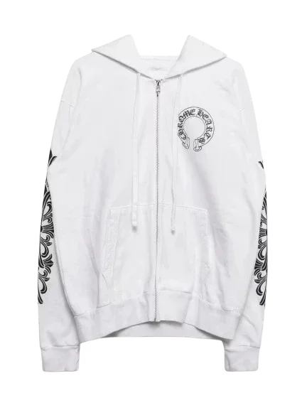 White Floral Horseshoe Zip-Up Hoodie White Floral Horseshoe Zip-Up Hoodie